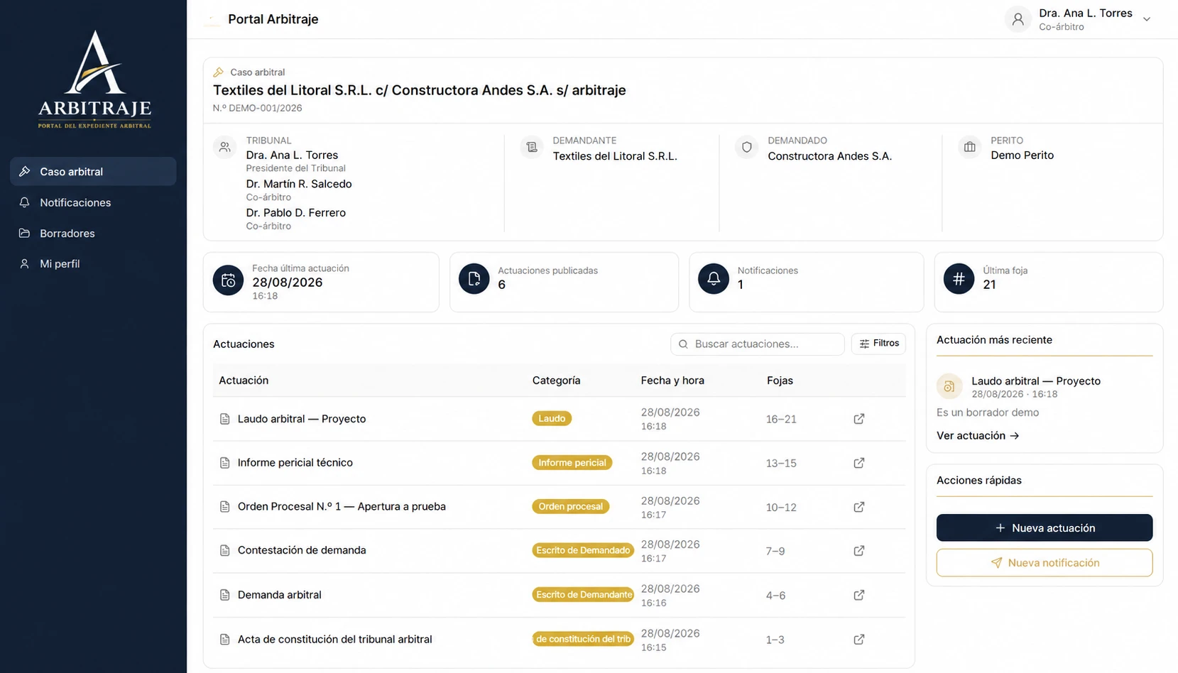 Portal Arbitraje: vista del caso arbitral con el Tribunal, las partes, los indicadores del expediente y el listado de actuaciones.