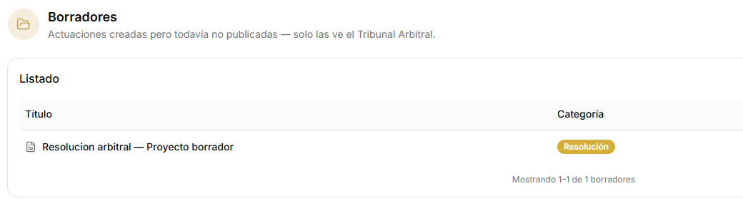 Sección Borradores con una resolución en preparación.