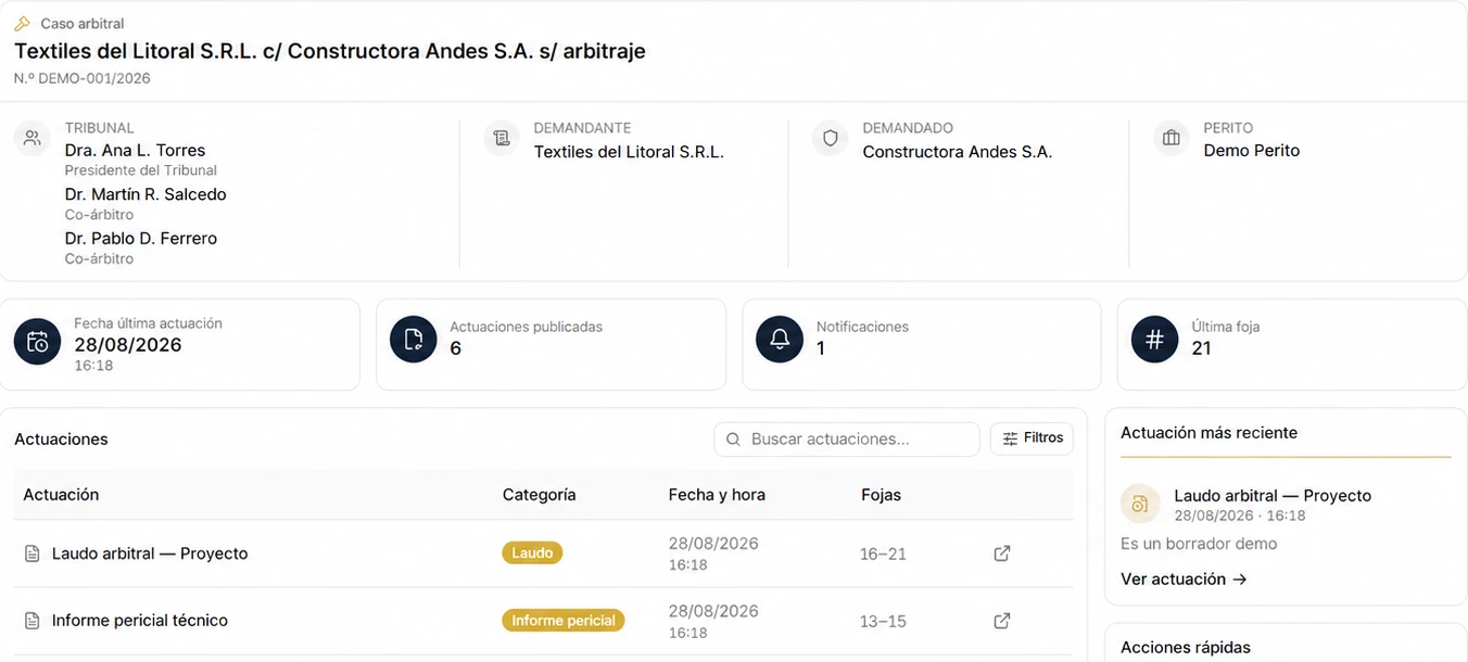 Carátula del caso arbitral con Tribunal, demandante, demandado, perito e indicadores.